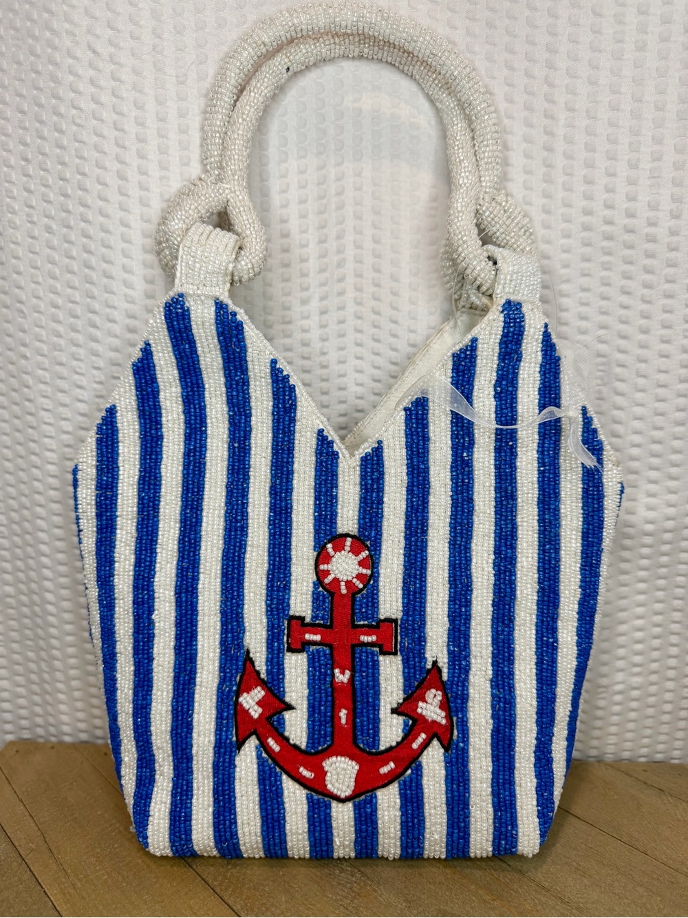 Viral Beaded Anchor Tote Bag With Blue and White Stripes!!